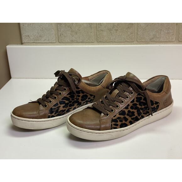 Women's Born Light Brown Leopard Fabric Lace-Up Leather Sneakers 6.5M - Picture 3 of 5